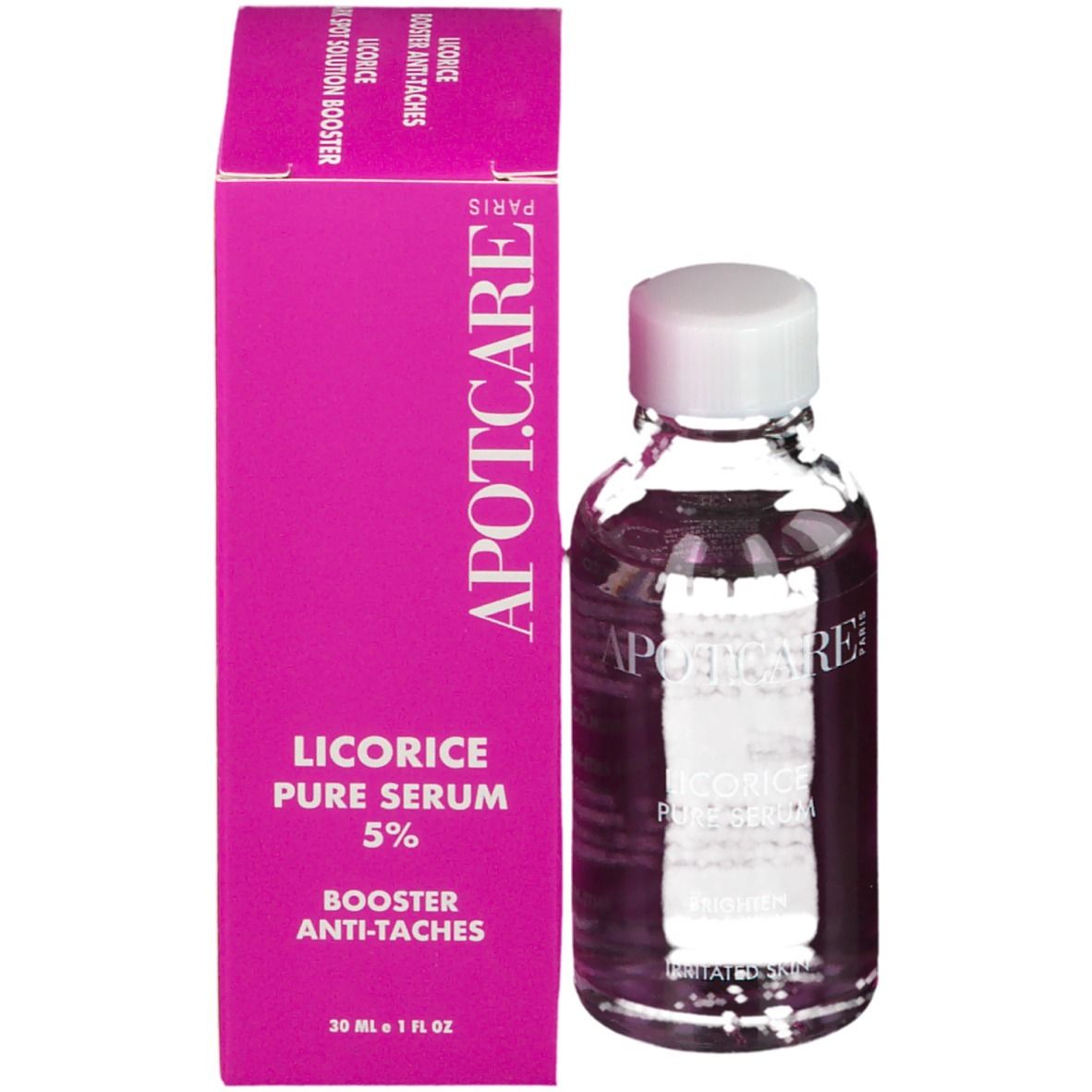 Serumfles en verpakking. Opschrift: APOT.CARE, Licorice Pure Serum 5%, Booster Anti-Taches.
