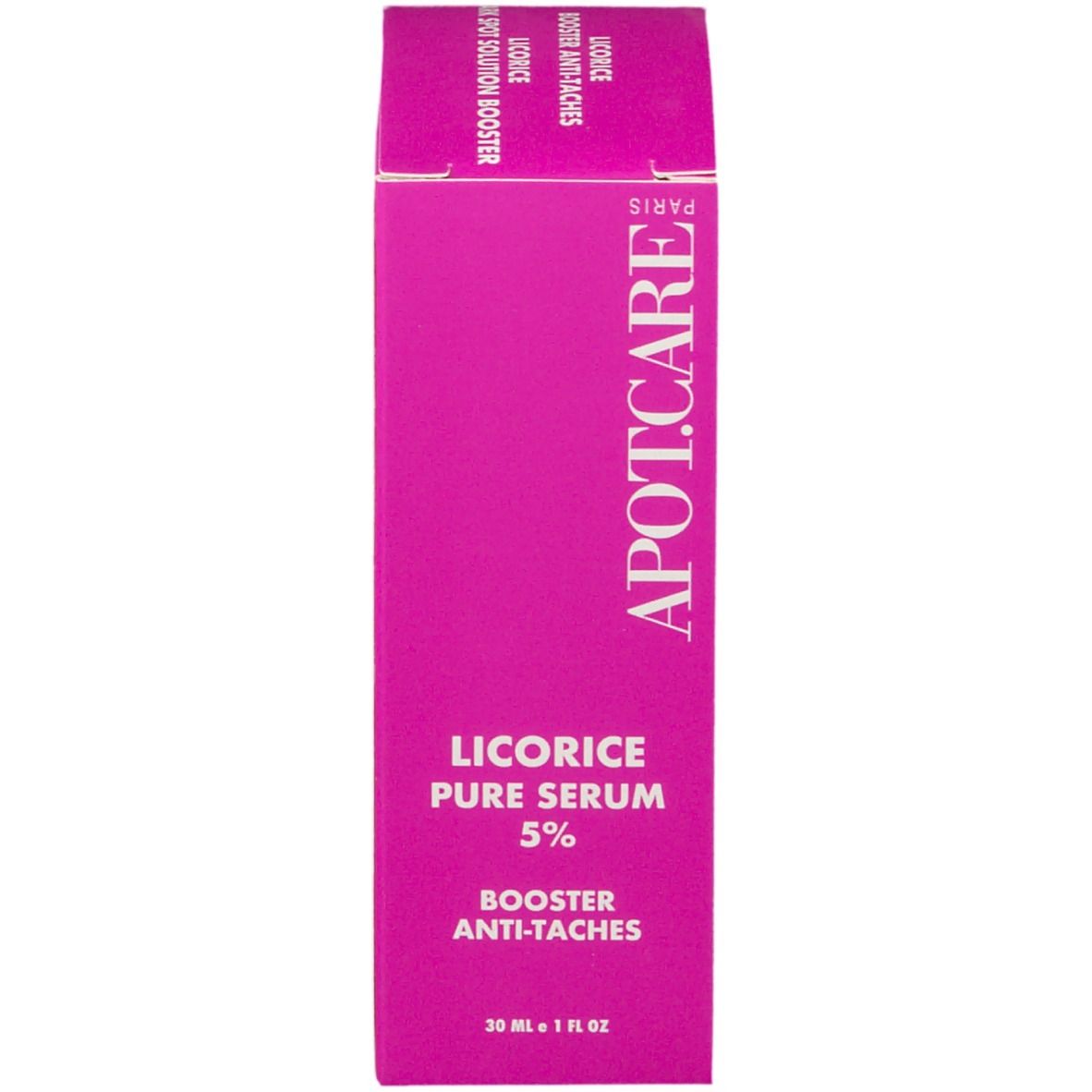 Verpakking. Opschrift: APOT.CARE, Licorice Pure Serum 5%, Booster Anti-Taches. 30 ml.