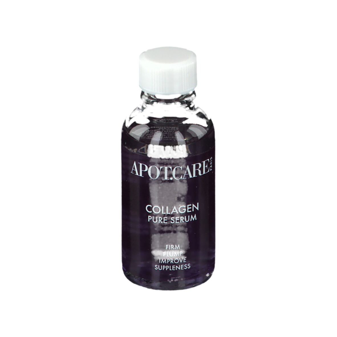 Transparante fles met witte dop. Opschrift: APOT.CARE, Collagen Pure Serum. Tekst: Firm, Plump, Improve Suppleness.