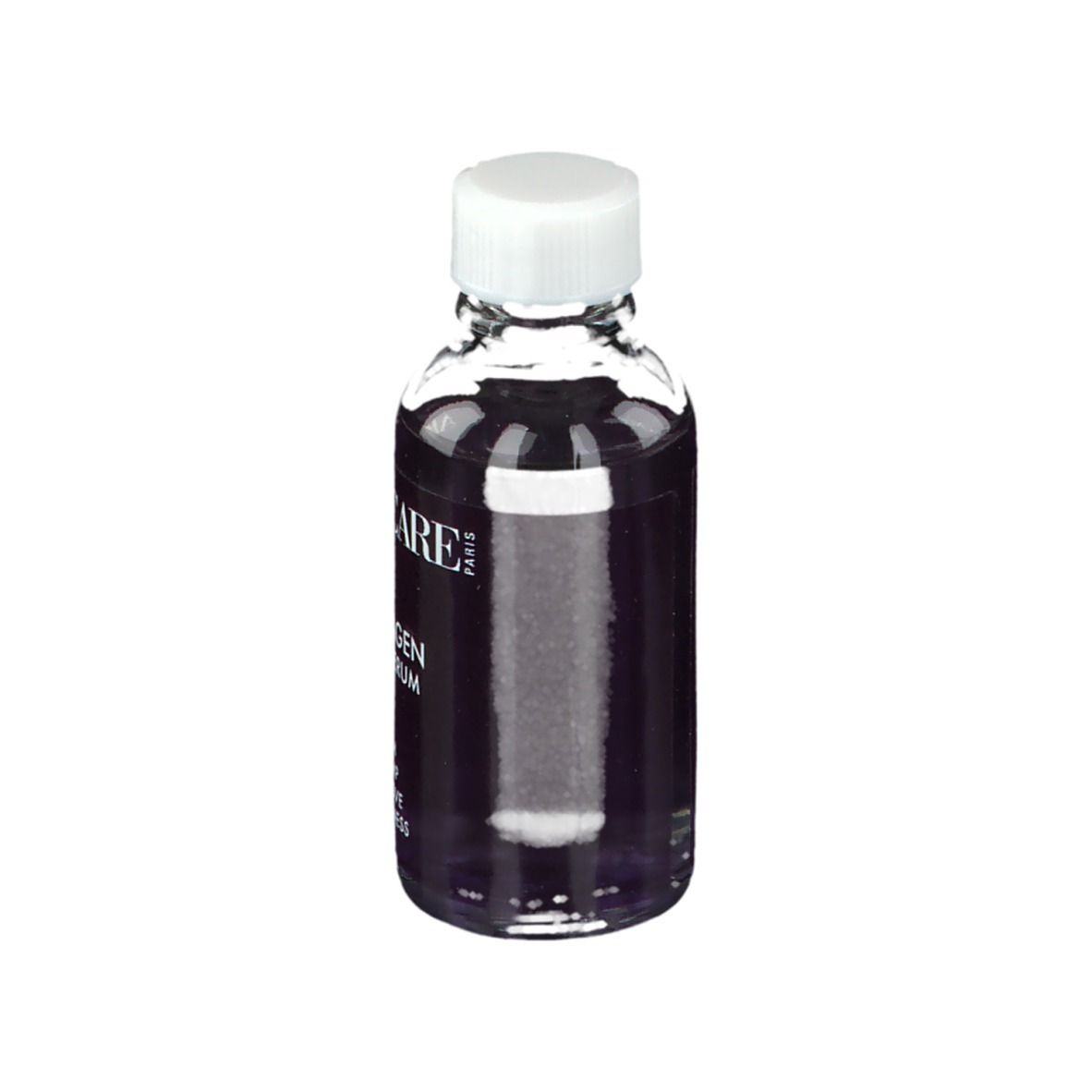 Transparante fles met witte dop. Opschrift: APOT.CARE, Collagen Pure Serum. Paarse vloeistof.