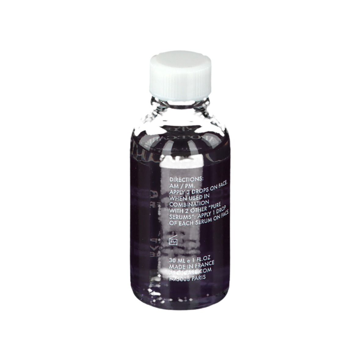 Transparante fles met witte dop. Opschrift: APOT.CARE, Collagen Pure Serum. Achterkant met gebruiksaanwijzing.