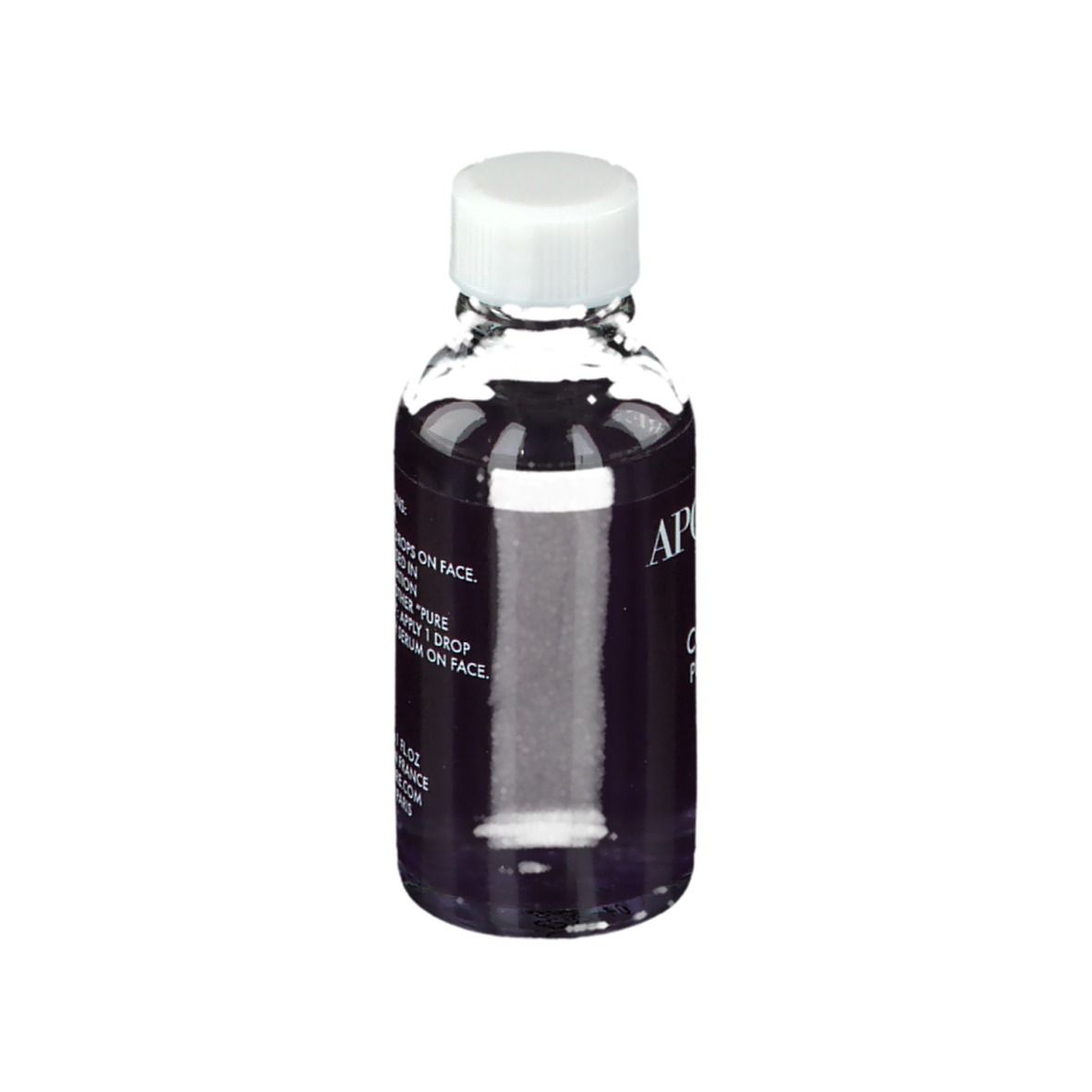 Transparante fles met witte dop. Opschrift: APOT.CARE, Collagen Pure Serum. Paarse vloeistof.