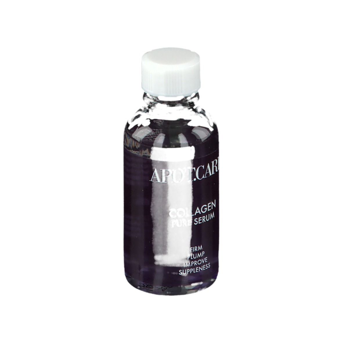 Transparante fles met witte dop. Opschrift: APOT.CARE, Collagen Pure Serum. Tekst: Firm, Plump, Improve Suppleness.