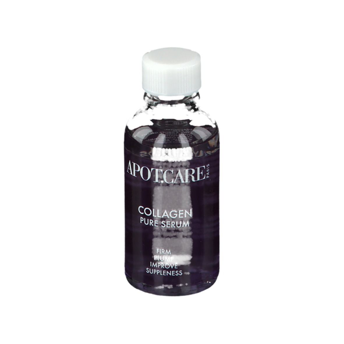 Transparante fles met witte dop. Opschrift: APOT.CARE, Collagen Pure Serum. Tekst: Firm, Plump, Improve Suppleness.