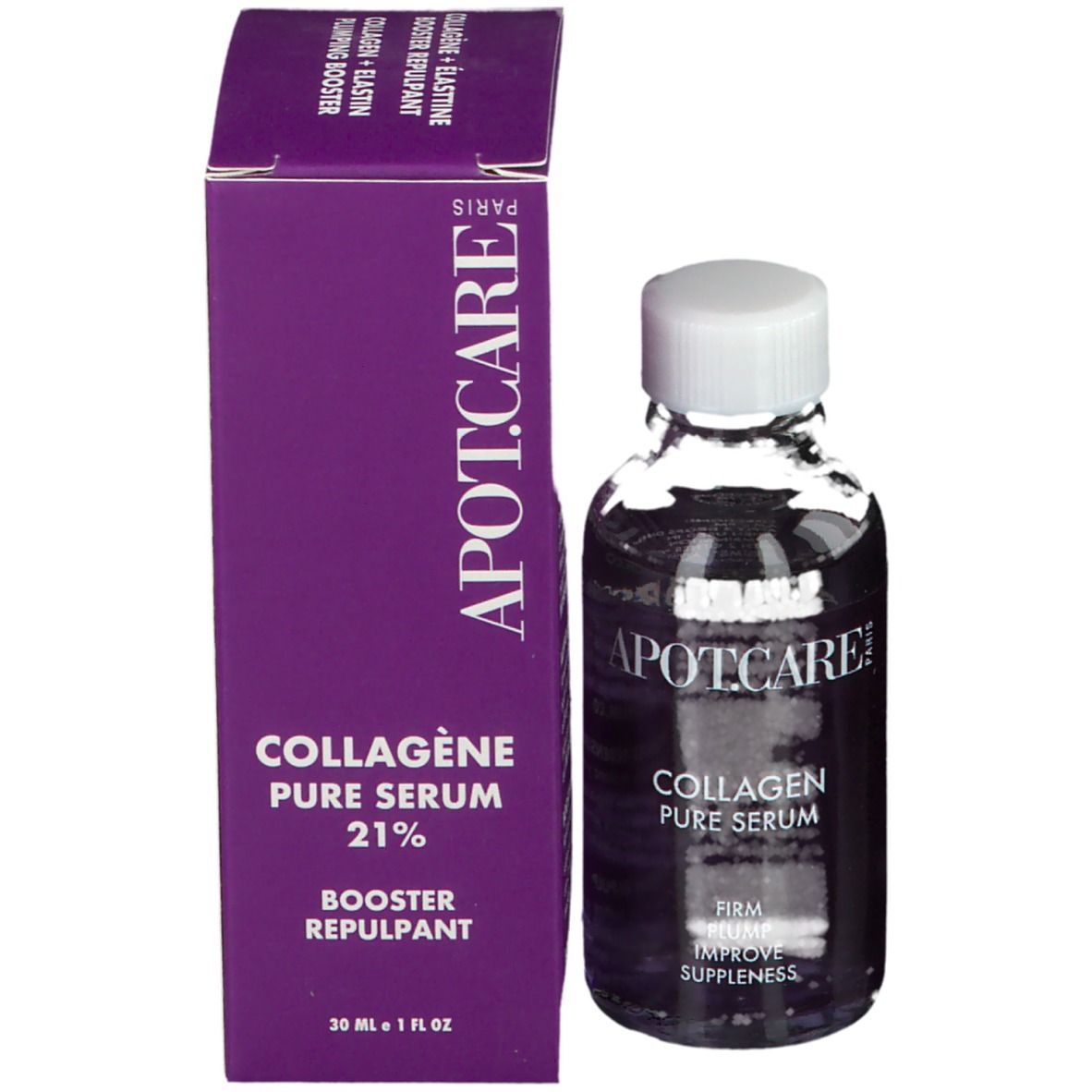 Productverpakking en fles. Opschrift: APOT.CARE, Collagène Pure Serum 21%. Fles met witte dop.