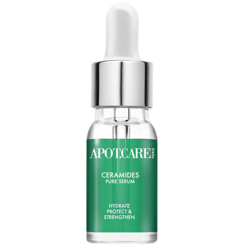 Serumfles met pipet. Opschrift: APOT.CARE, Ceramides Pure Serum. Groen-wit etiket.