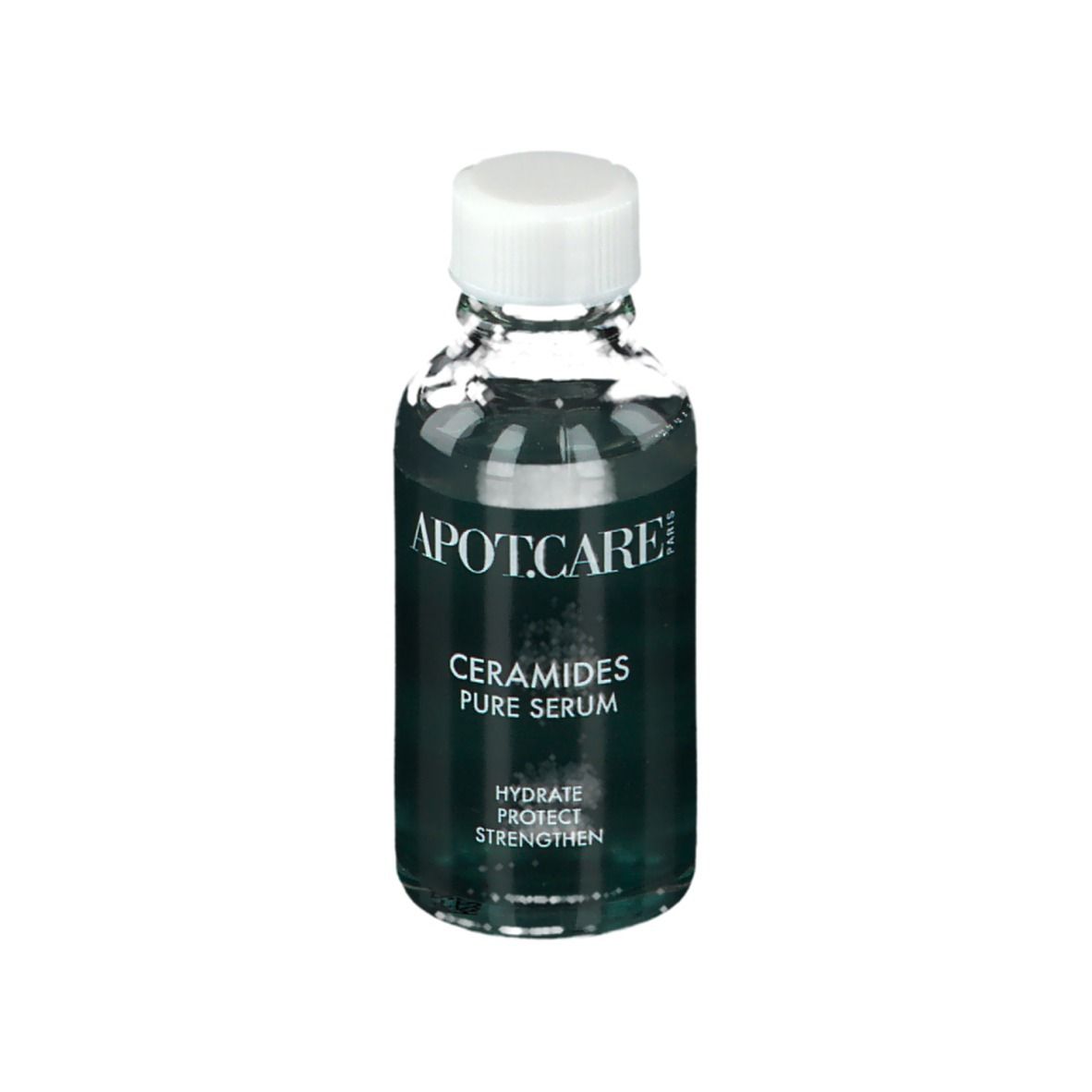 Serumfles met witte dop. Opschrift: APOT.CARE, Ceramides Pure Serum. Groen etiket.