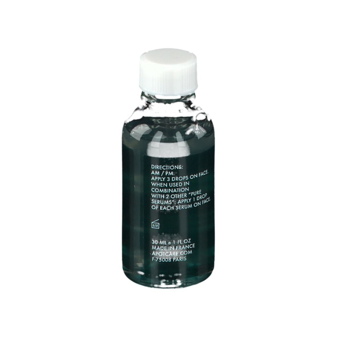 Serumfles met witte dop. Opschrift: APOT.CARE, Ceramides Pure Serum. Groen etiket.