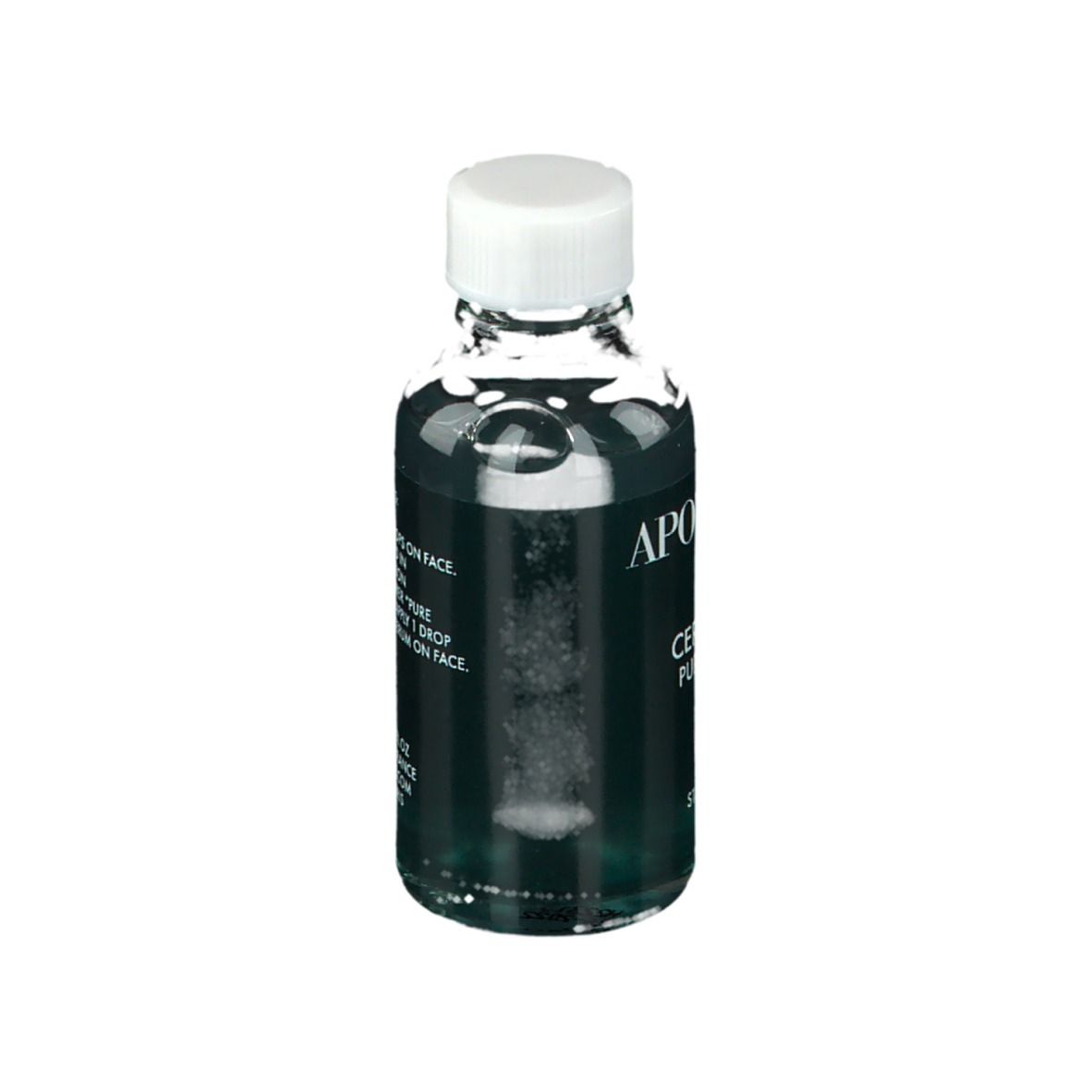 Serumfles met witte dop. Opschrift: APOT.CARE, Ceramides Pure Serum. Groen etiket.
