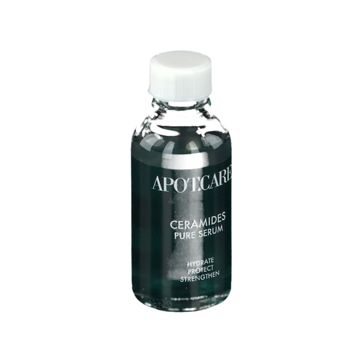 Serumfles met witte dop. Opschrift: APOT.CARE, Ceramides Pure Serum. Groen etiket.