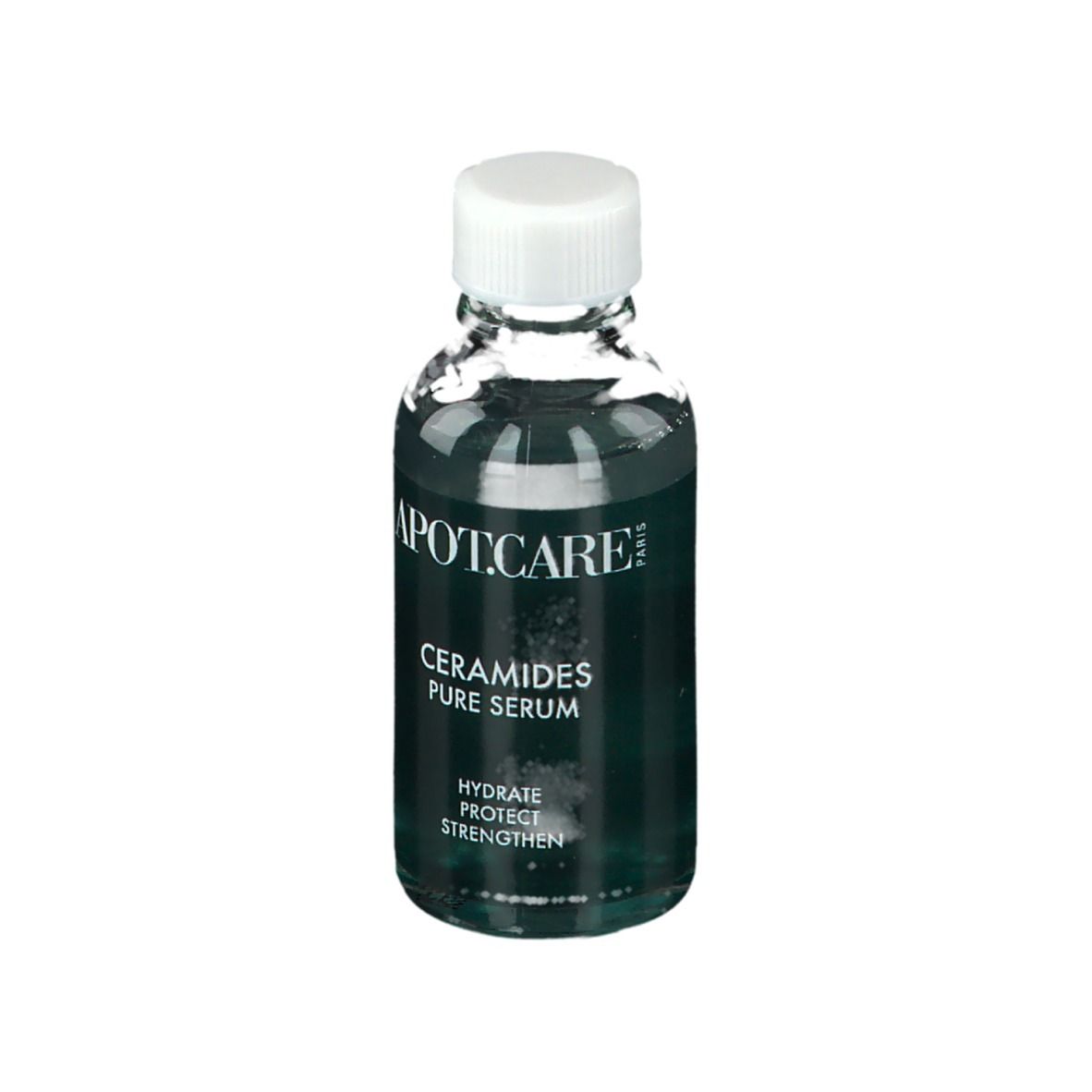 Serumfles met witte dop. Opschrift: APOT.CARE, Ceramides Pure Serum. Groen etiket.