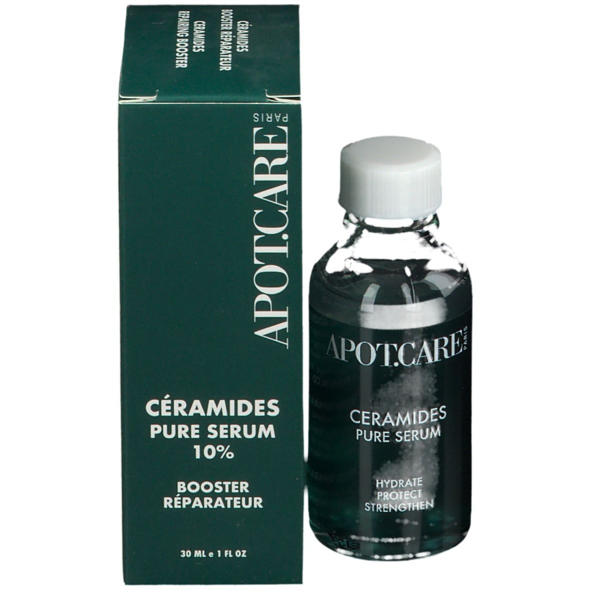 Serumfles en doos. Opschrift: APOT.CARE, Ceramides Pure Serum 10%. Booster Réparateur.