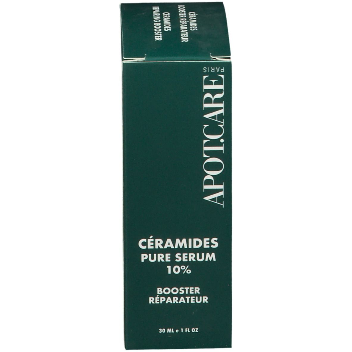 Doos. Opschrift: APOT.CARE, Ceramides Pure Serum 10%. Booster Réparateur. Groene achtergrond.