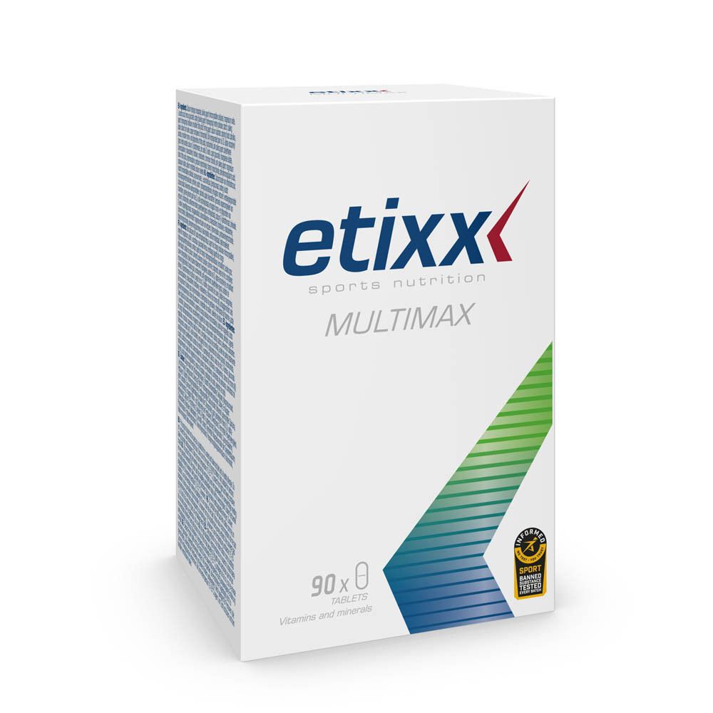 Witte doos "etixx Multimax". 90 tabletten. Groen-rood design. "Sports Nutrition". 