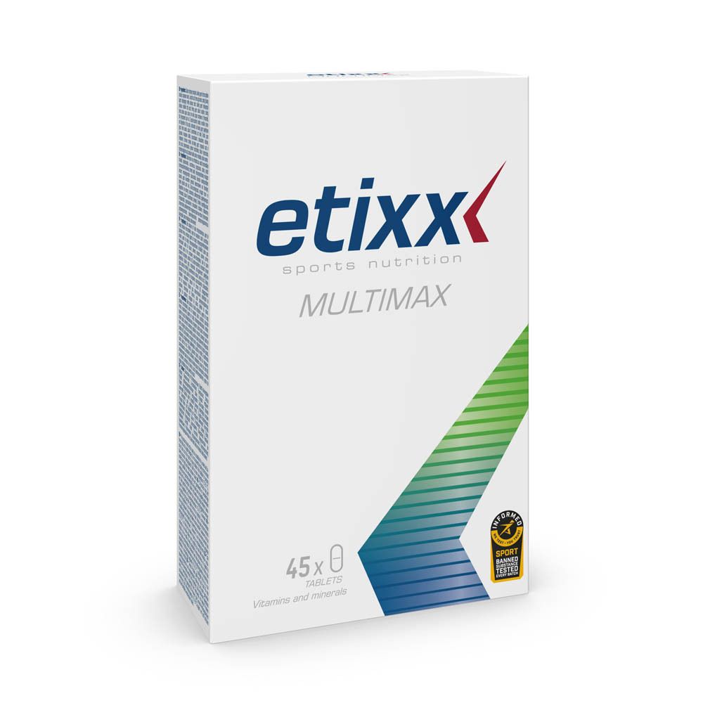 Witte verpakking met Etixx-logo en Multimax. Bevat 45 tabletten. Opschrift: vitaminen en mineralen. Sportcertificering.