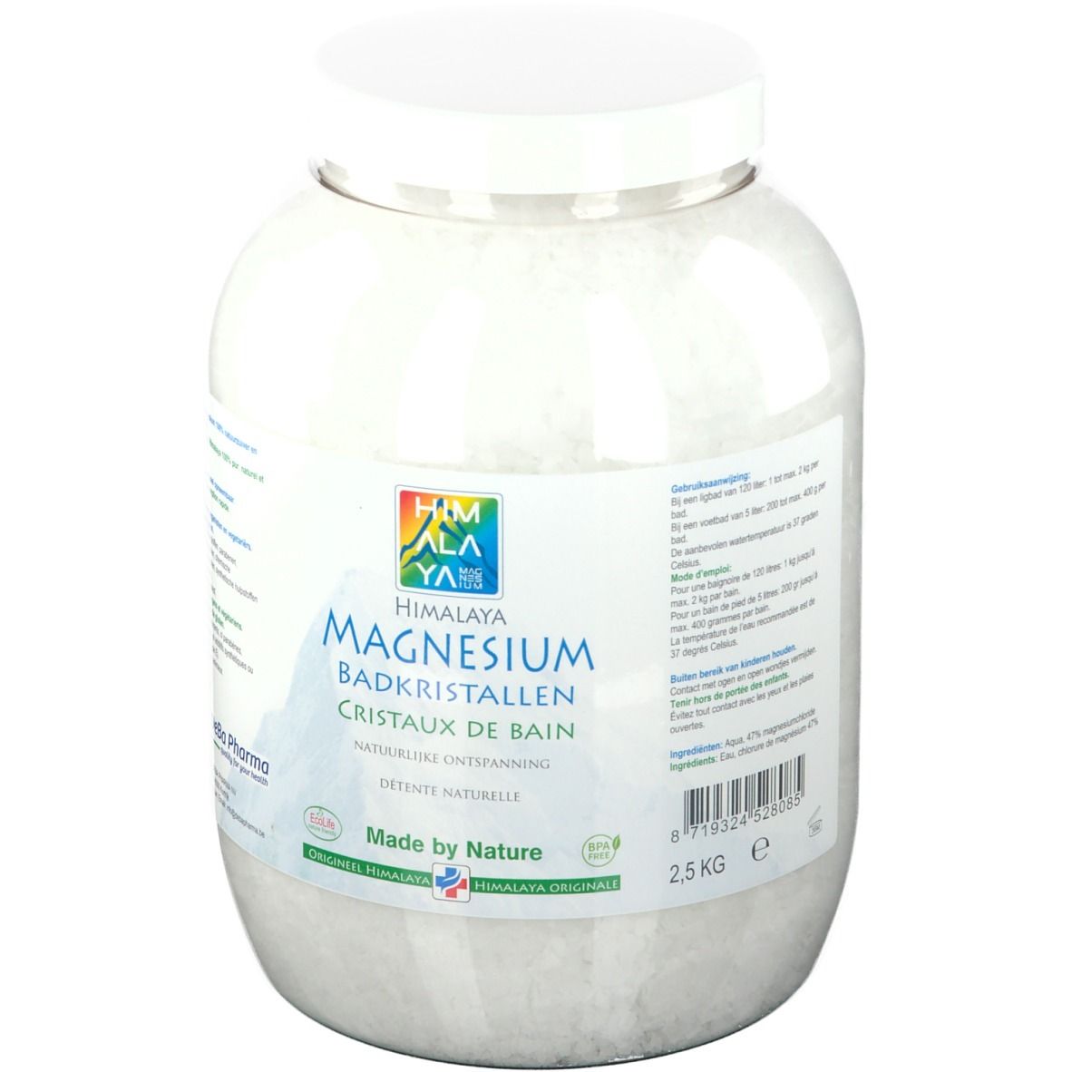 Weißer Behälter mit Himalaya Magnesiumbadesalz. Aufschrift: Magnesium Badkristallen, 2,5 kg. Mit Deckel.