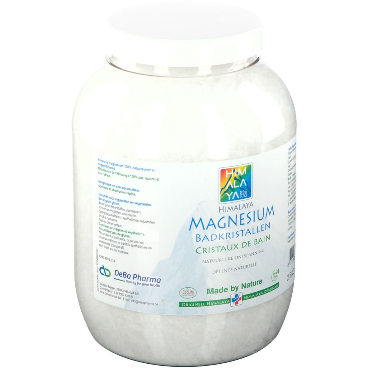 Weißer Behälter mit Himalaya Magnesiumbadesalz. Aufschrift: Magnesium Badkristallen, 2,5 kg. Mit Deckel.