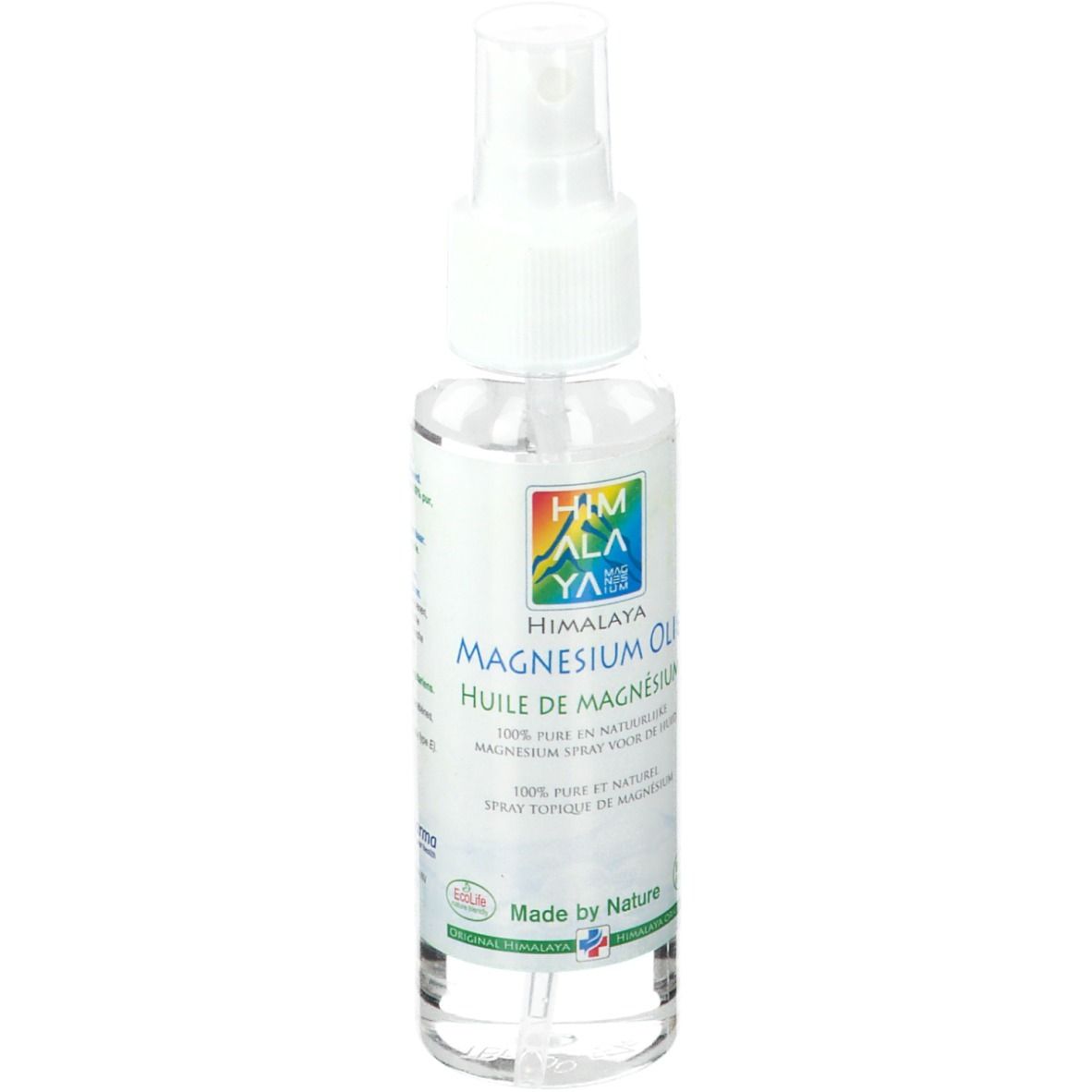 Transparante fles met verstuiver. Opschrift: Himalaya Magnesium Öl. Meerkleurige etikettering.
