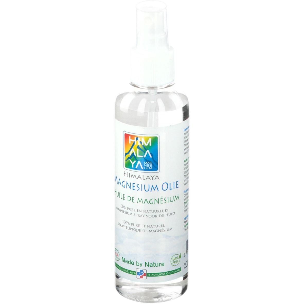 Transparante spuitfles met witte spuitkop. Opschrift: Himalaya Magnesium Öl. Etiket met logo en tekst.