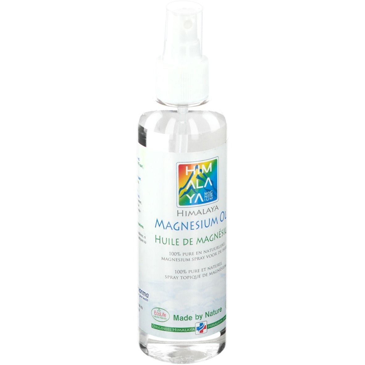 Transparante spuitfles met witte spuitkop. Opschrift: Himalaya Magnesium Öl. Etiket met logo en tekst.
