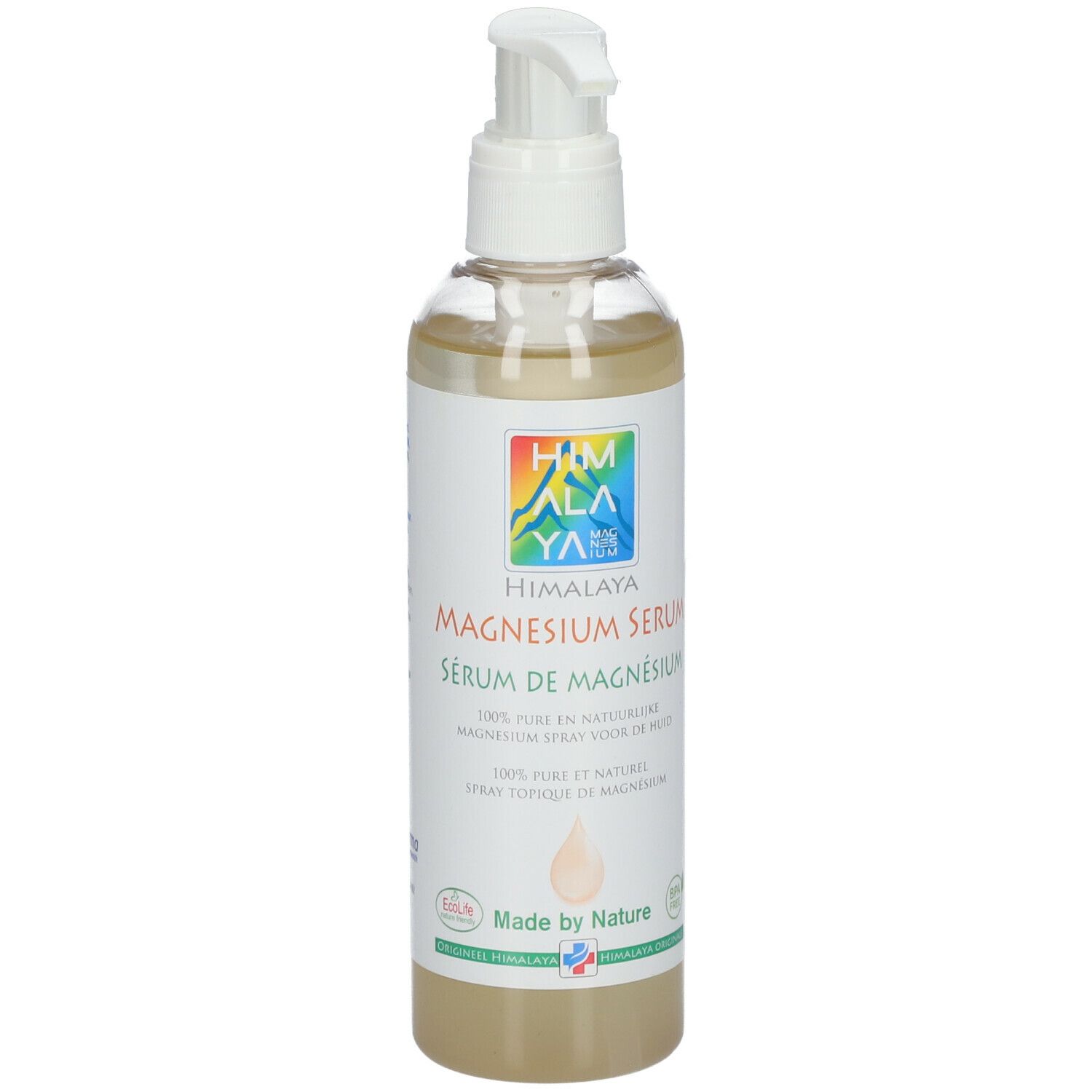 Flacon transparent avec pompe blanche. Étiquette "Himalaya Magnesium Serum".