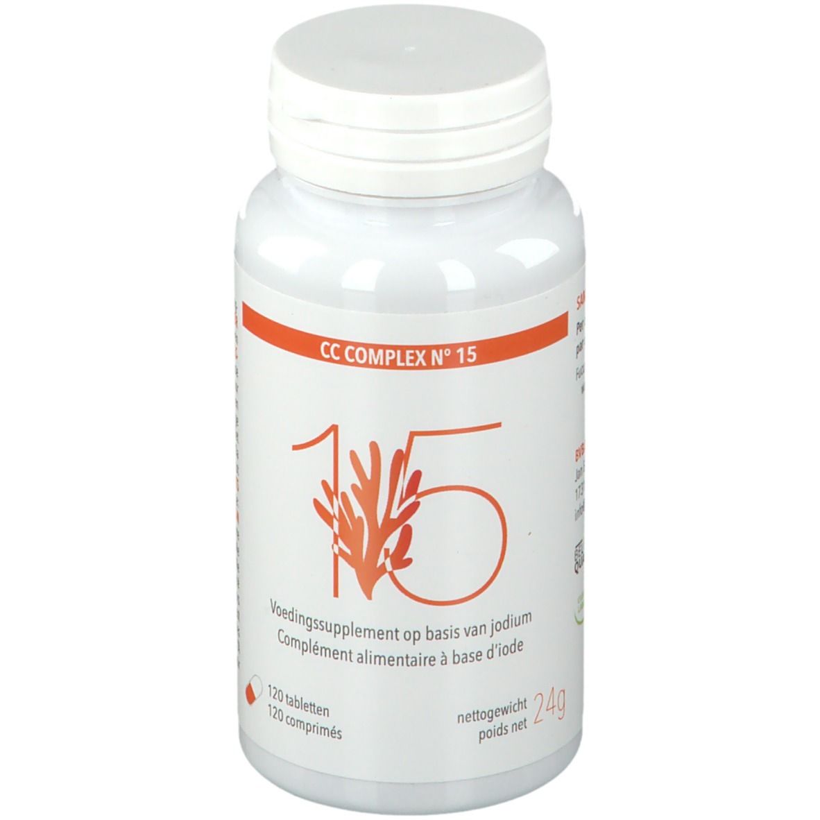 Weiße Flasche mit CC COMPLEX N° 15-Etikett. Enthält 120 Tabletten. Orangefarbene Grafik und Text.