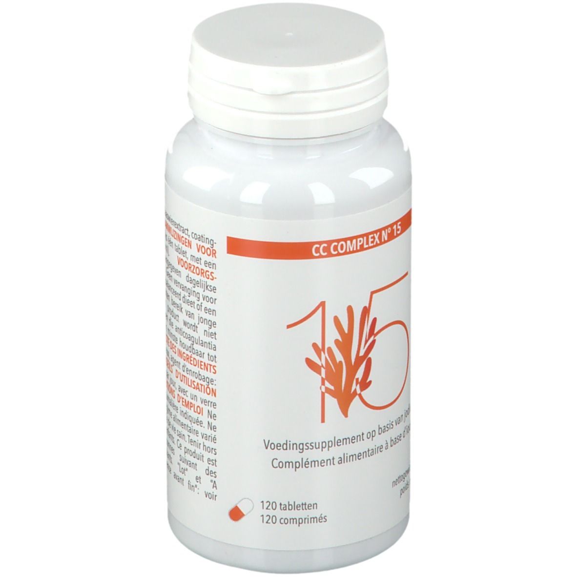 Weiße Flasche mit CC COMPLEX N° 15-Etikett. Enthält 120 Tabletten. Orangefarbene Grafik und Text.
