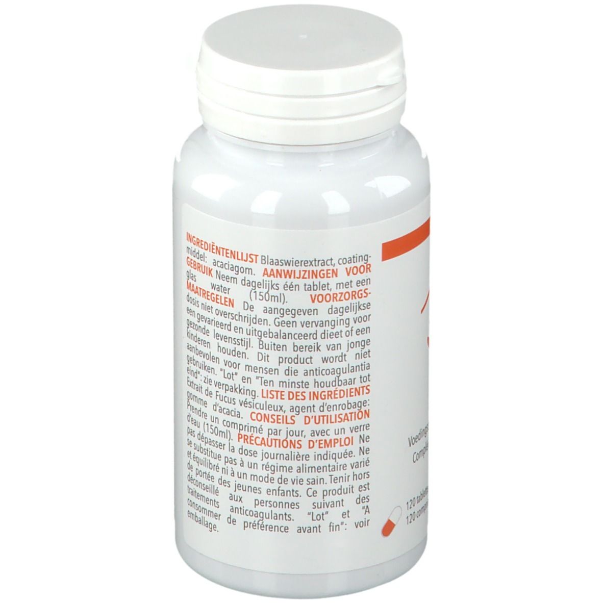 Rückseite der weißen Flasche. Enthält Informationen zu Inhaltsstoffen und Gebrauchsanweisungen.