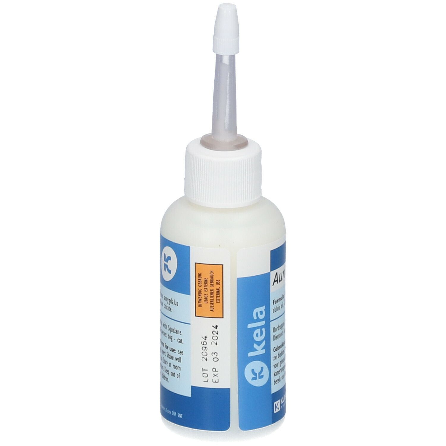 Witte fles met applicator. Opschrift: Auri care, Kela. Bevat ingrediënten en gebruiksaanwijzing.