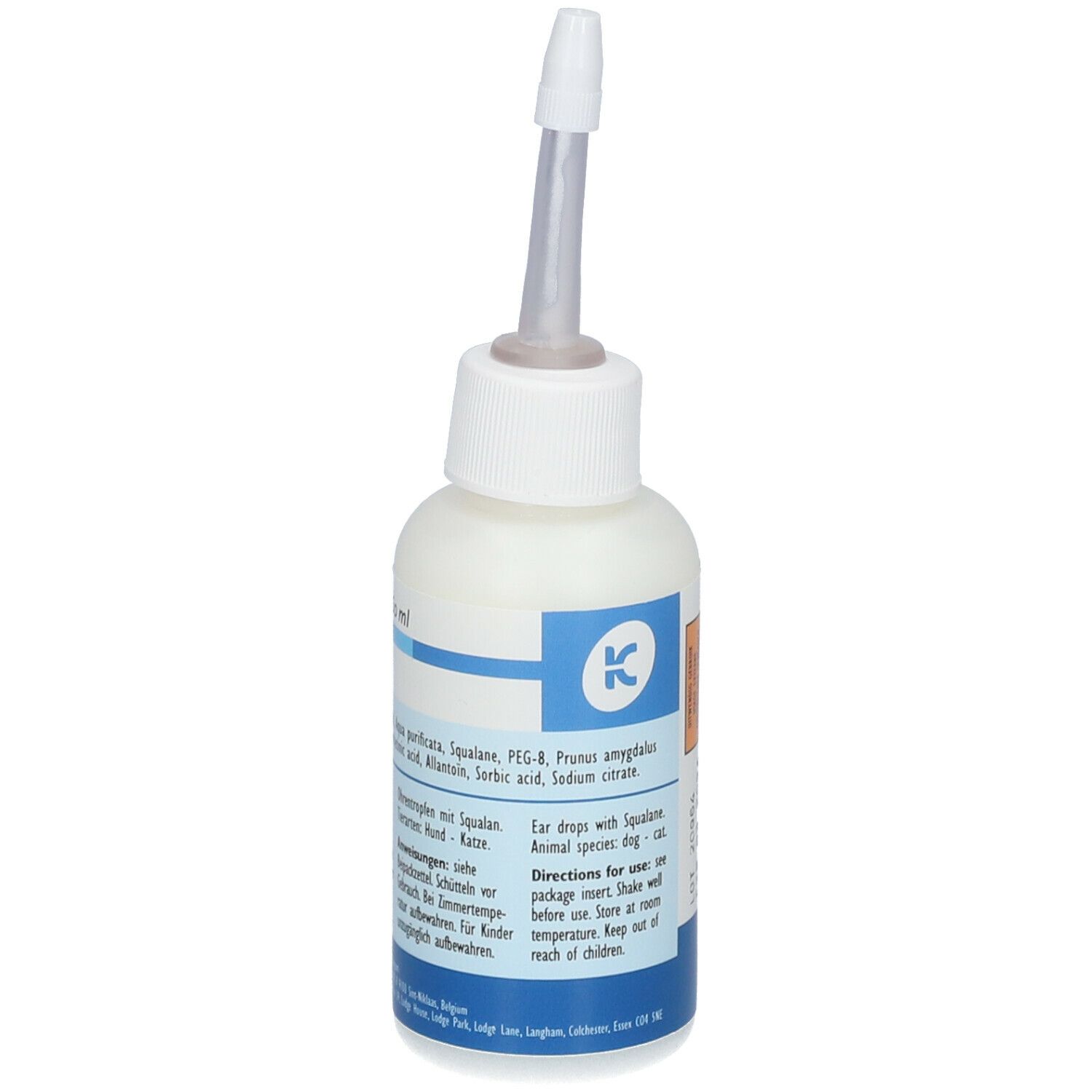 Witte fles met applicator. Opschrift: Auri care, Kela. Bevat ingrediënten en gebruiksaanwijzing.