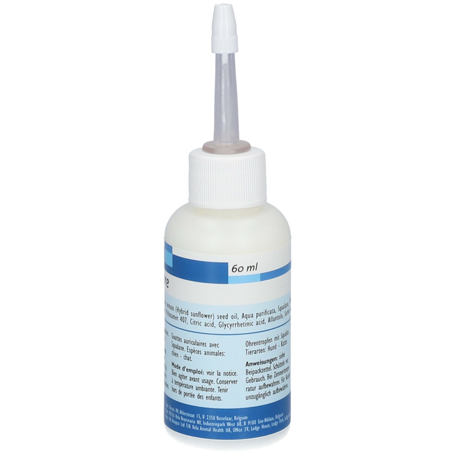 Witte fles met applicator. Opschrift: Auri care, Kela. Bevat ingrediënten en gebruiksaanwijzing.