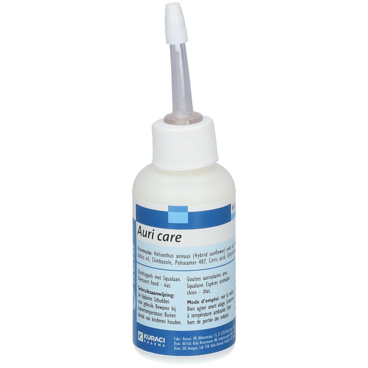 Witte fles met applicator. Opschrift: Auri care, Kela. Bevat ingrediënten en gebruiksaanwijzing.