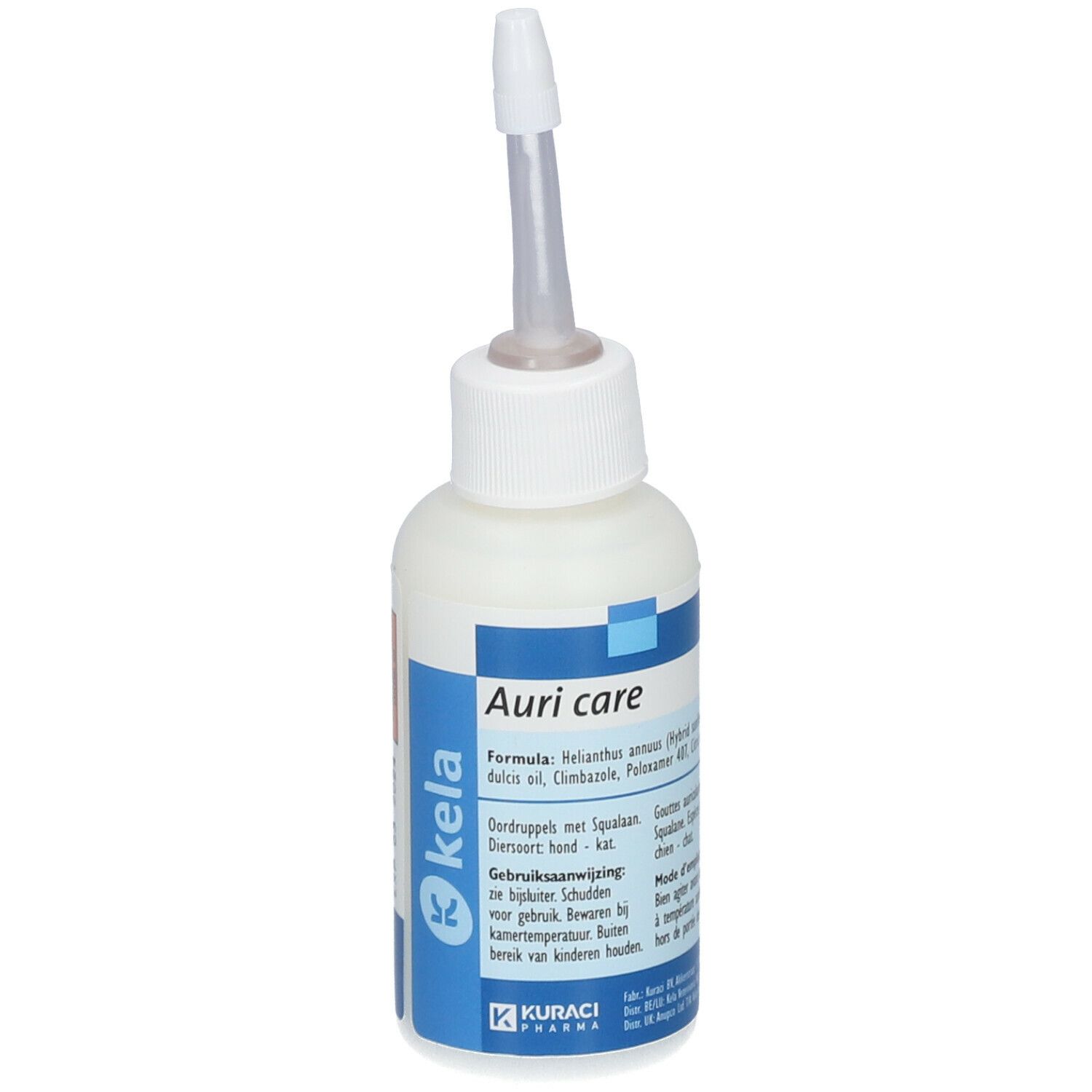 Witte fles met applicator. Opschrift: Auri care, Kela. Bevat ingrediënten en gebruiksaanwijzing.