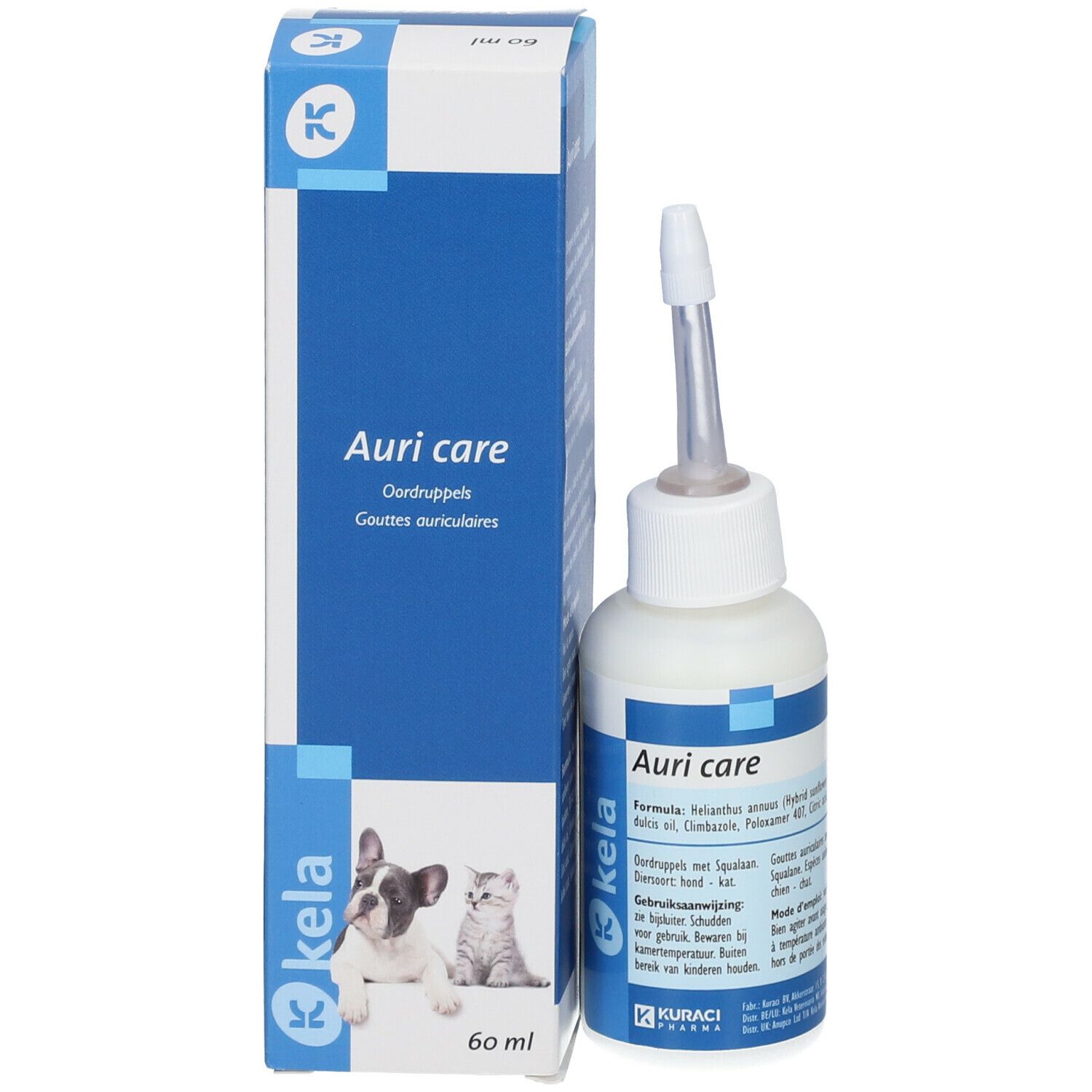 Productverpakking en fles. Opschrift: Auri care, Kela. Afbeelding van hond en kat. 60 ml.