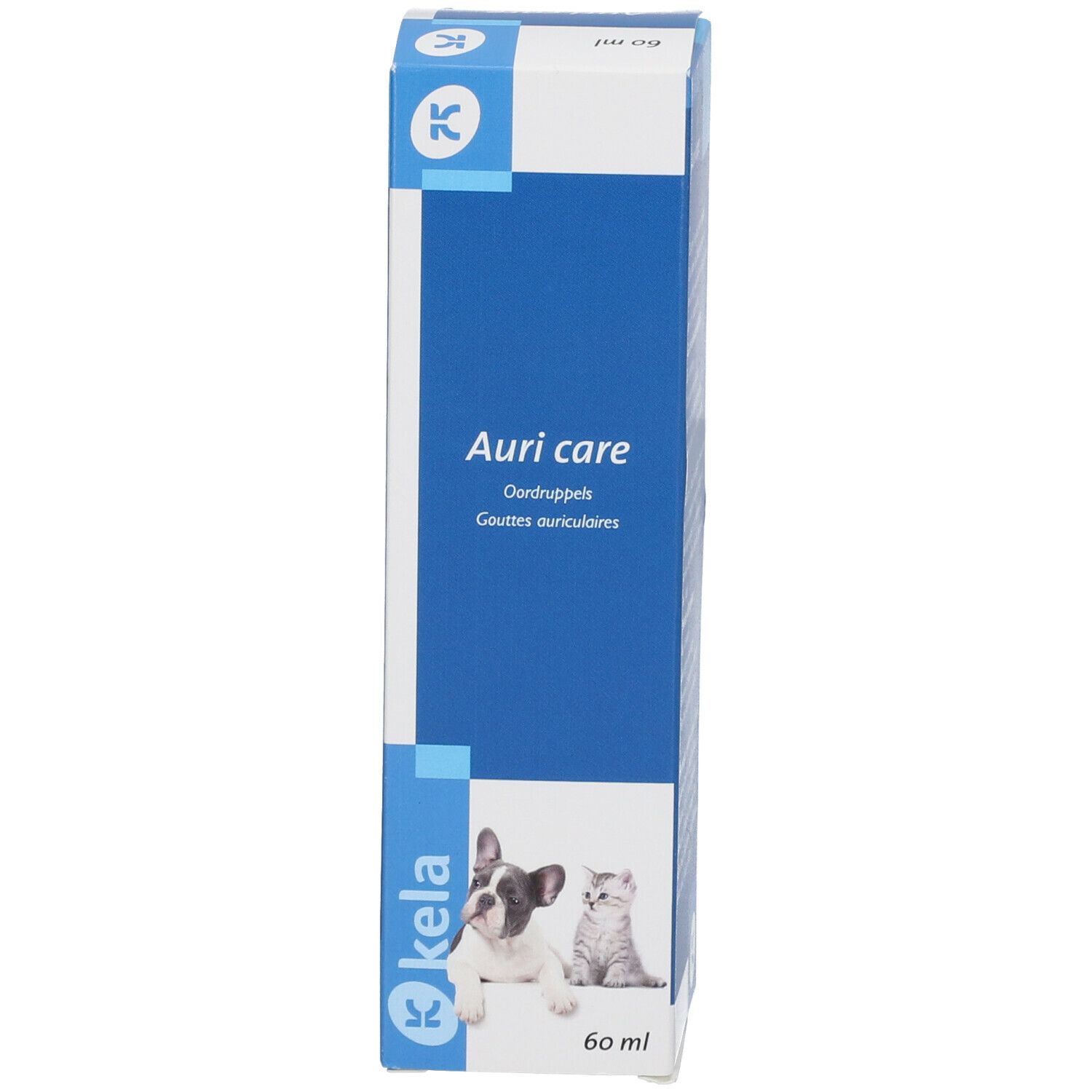 Blauwe productverpakking. Opschrift: Auri care, Kela. Afbeelding van hond en kat. 60 ml.