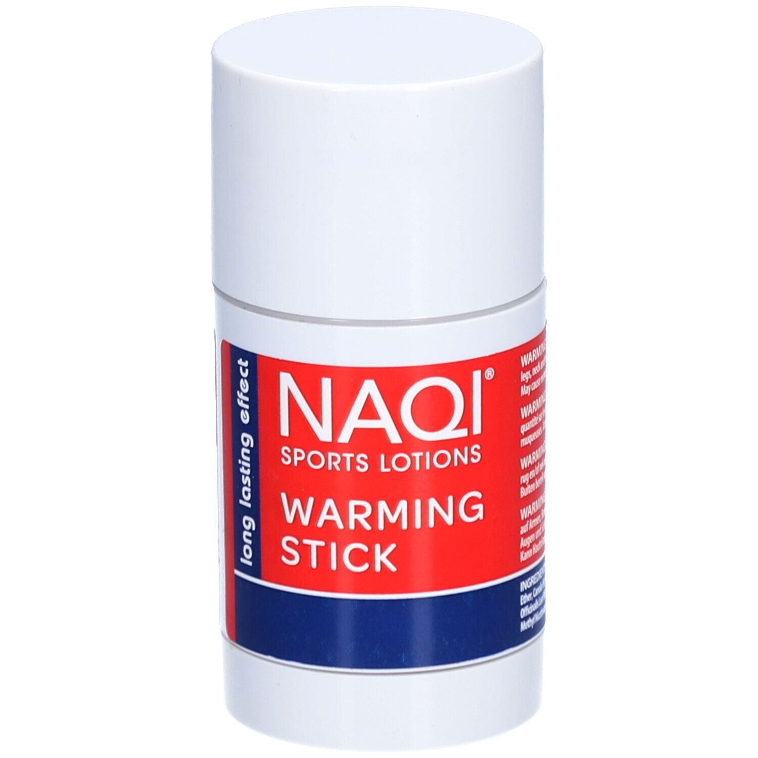 Weißer, zylindrischer Stick mit rotem Etikett. Aufschrift: NAQI SPORTS LOTIONS, WARMING STICK. Text in mehreren Sprachen.