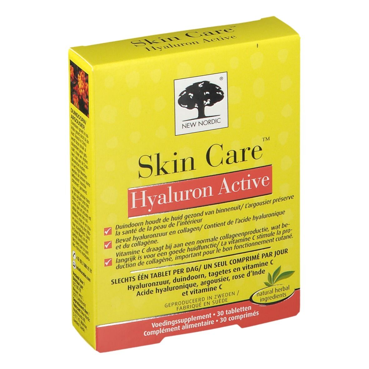 Gele doos "Skin Care Hyaluron Active". Schuin vooraanzicht. Tekst in het Nederlands en Frans.