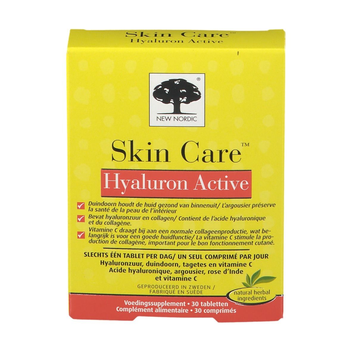 Gele doos "Skin Care Hyaluron Active". Vooraanzicht. Tekst in het Nederlands en Frans.