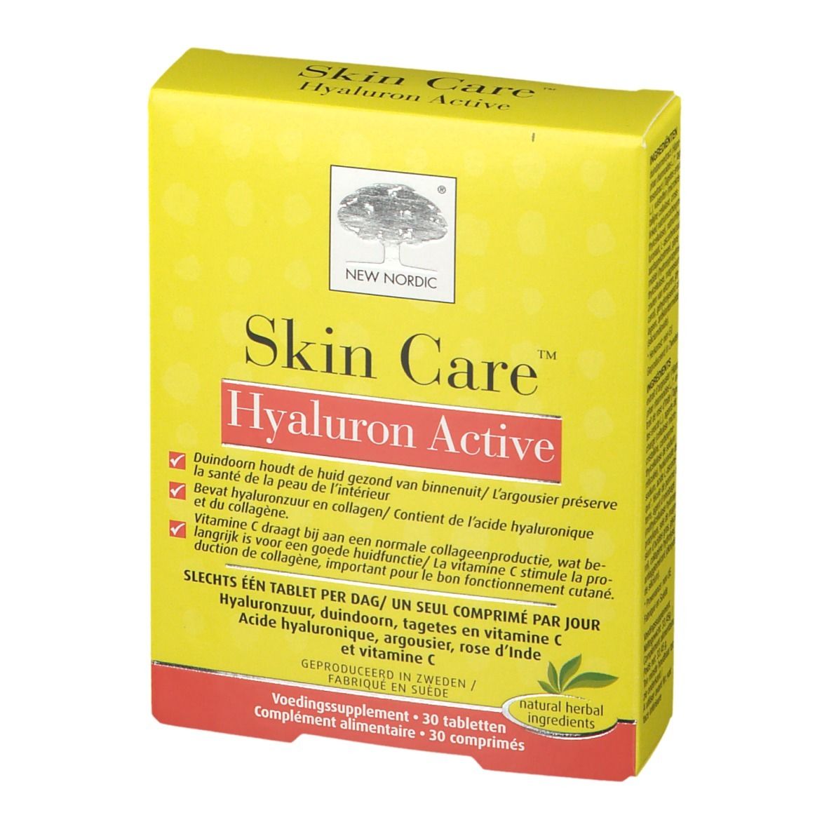 Gele doos "Skin Care Hyaluron Active". Vooraanzicht. Tekst in het Nederlands en Frans.