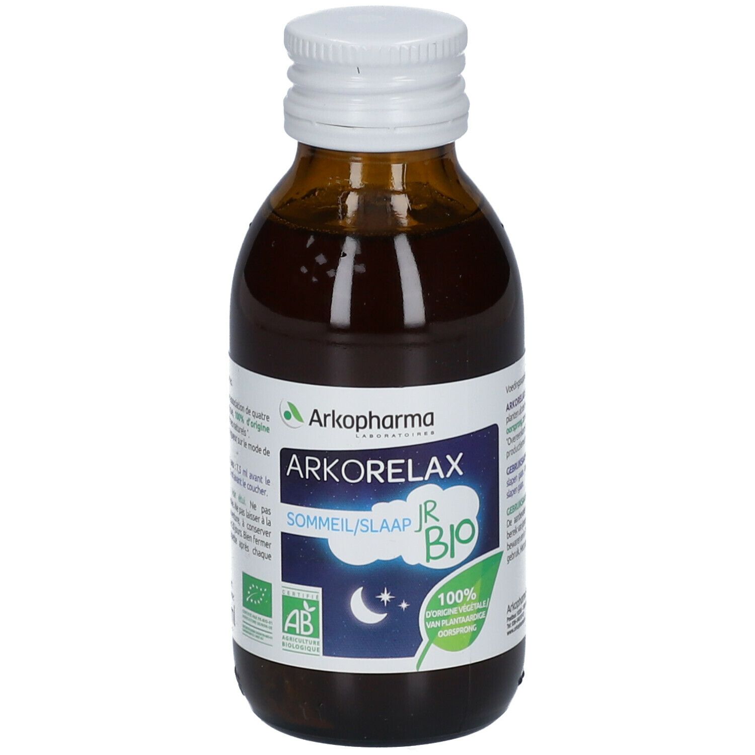 Bruine glazen fles met witte dop. Etiket met productnaam en logo. Bio-certificering.
