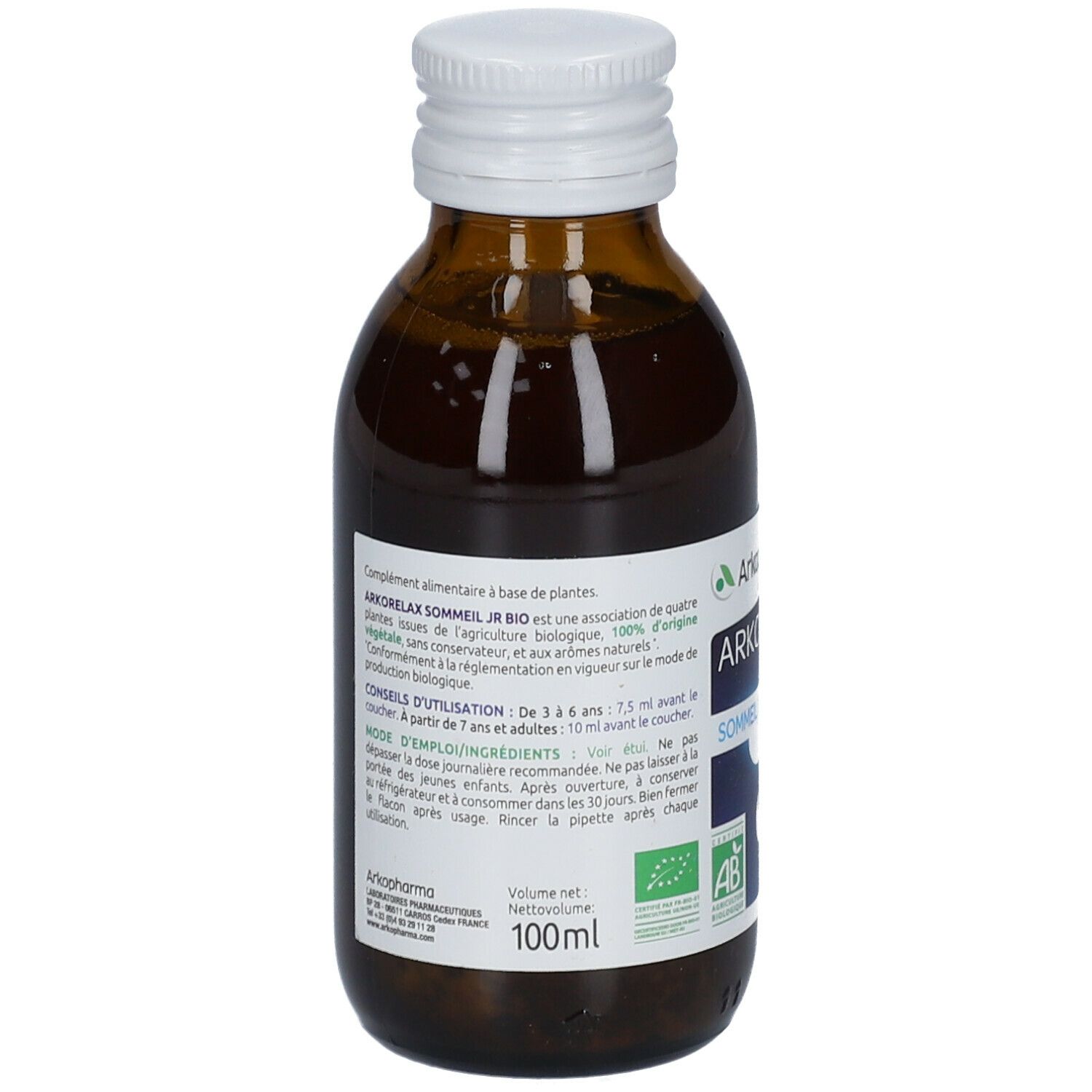 Bruine glazen fles, witte dop. Etiket met productinformatie. Bio-certificering. 100ml.