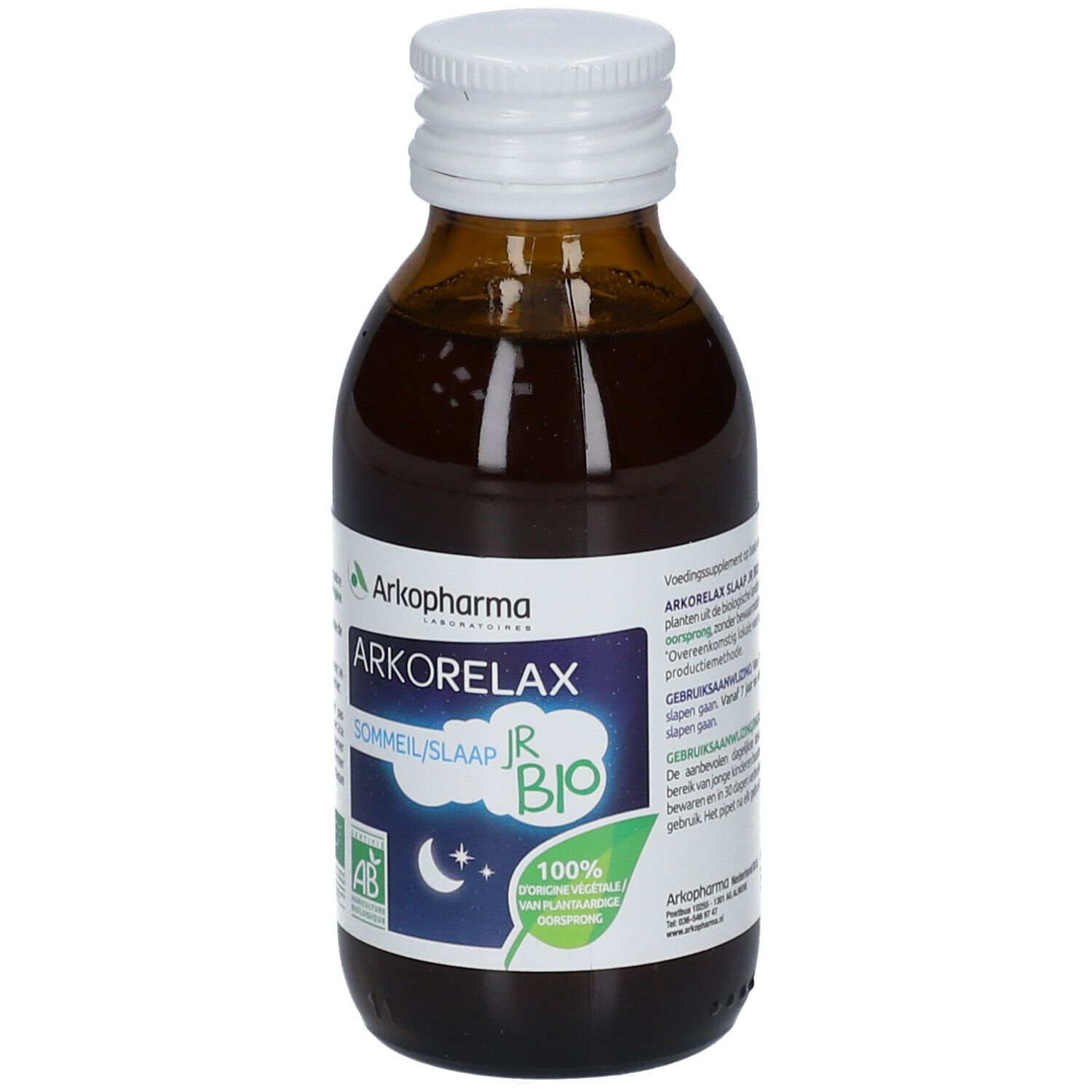 Bruine glazen fles, witte dop. Etiket met productnaam en logo. Bio-certificering.