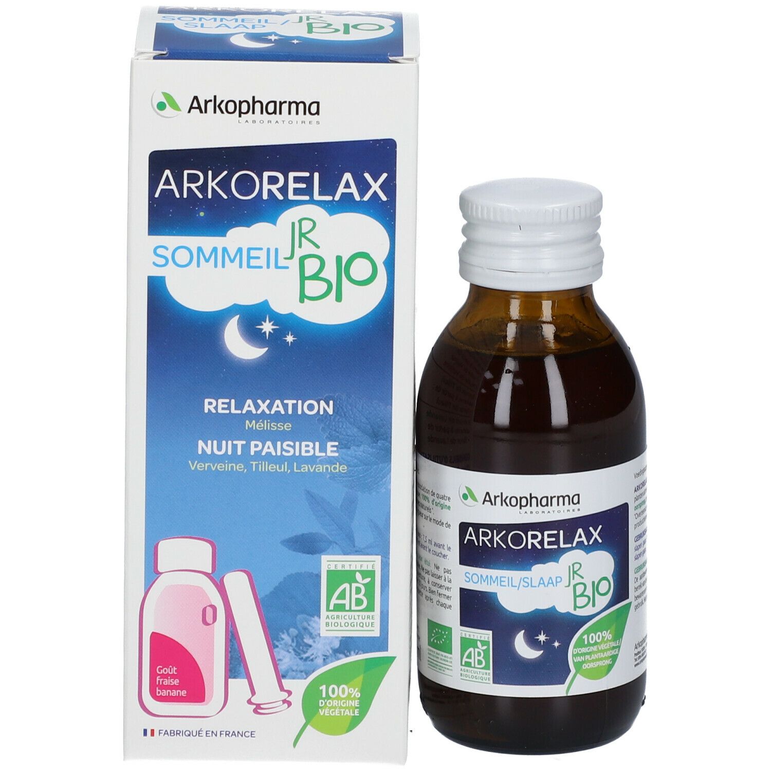 Productverpakking met fles en toebehoren. Witte doos met productnaam en logo. Bio-certificering.