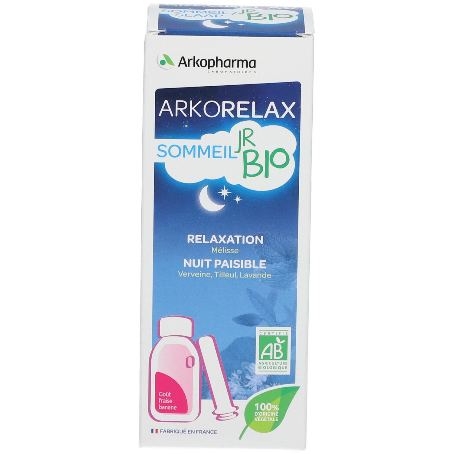 Productverpakking met fles en toebehoren. Witte doos met productnaam en logo. Bio-certificering.