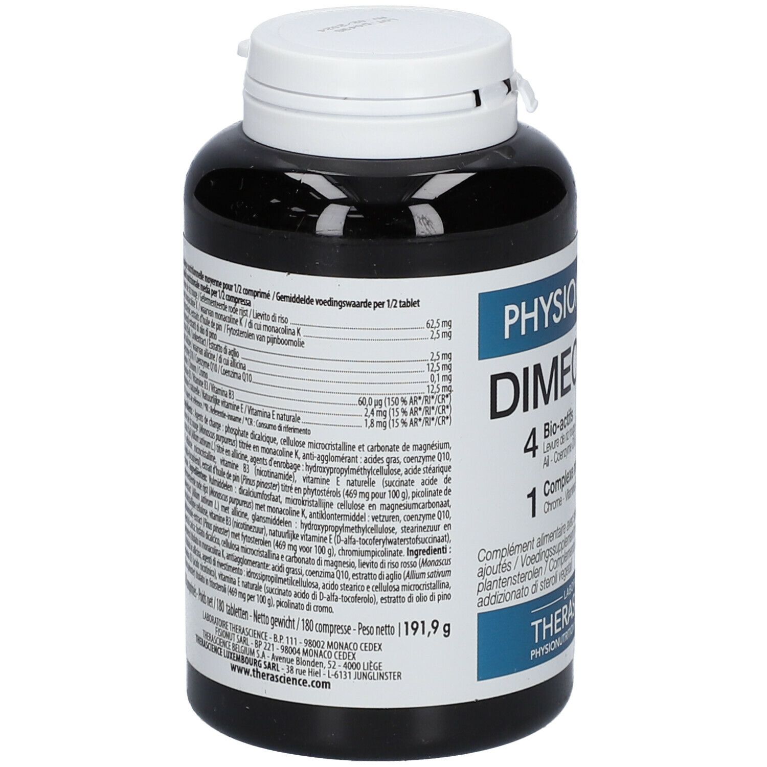 Dos du flacon. Inscriptions avec informations nutritionnelles et ingrédients. Flacon noir avec bouchon blanc.
