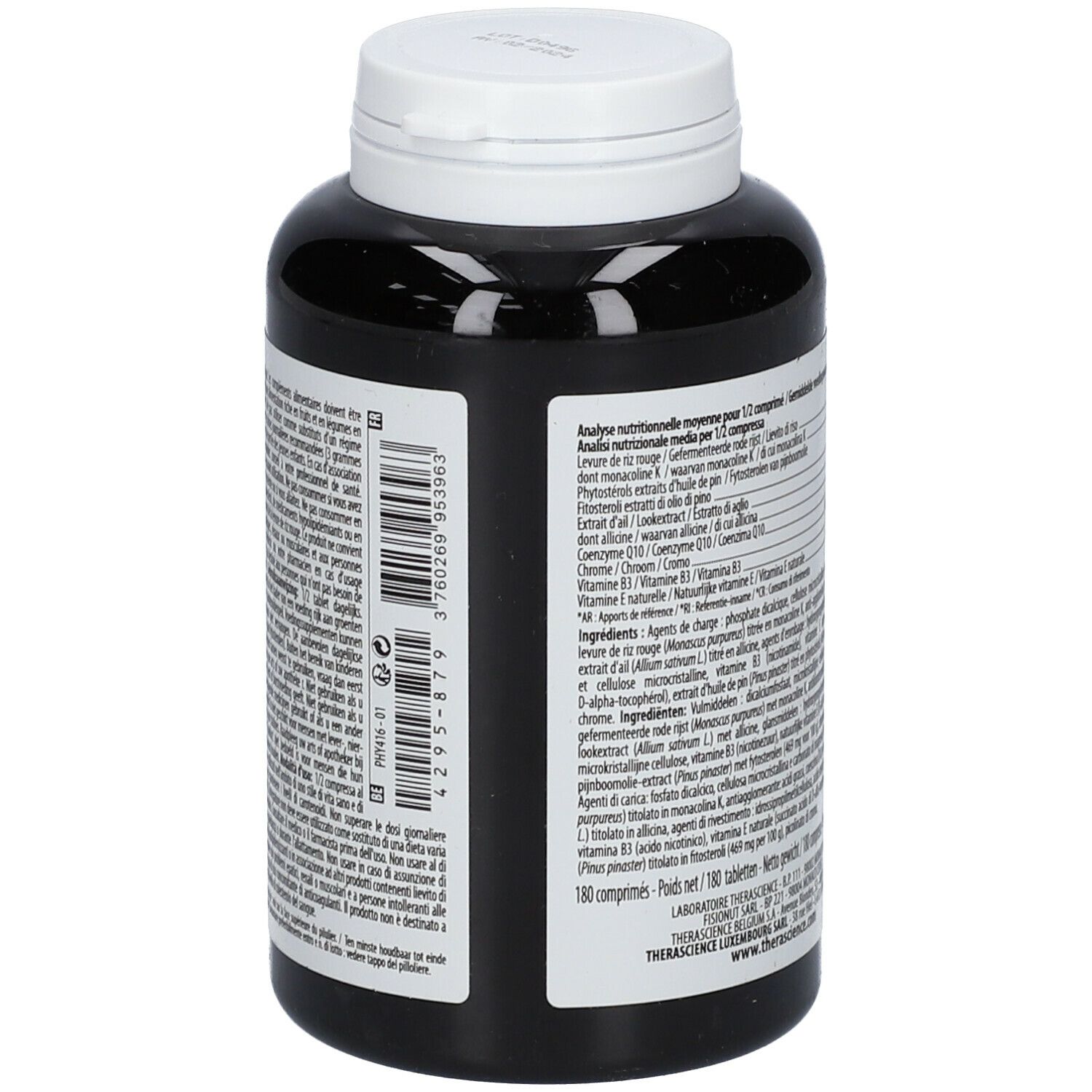 Dos du flacon. Inscriptions avec informations nutritionnelles et ingrédients. Flacon noir avec bouchon blanc.