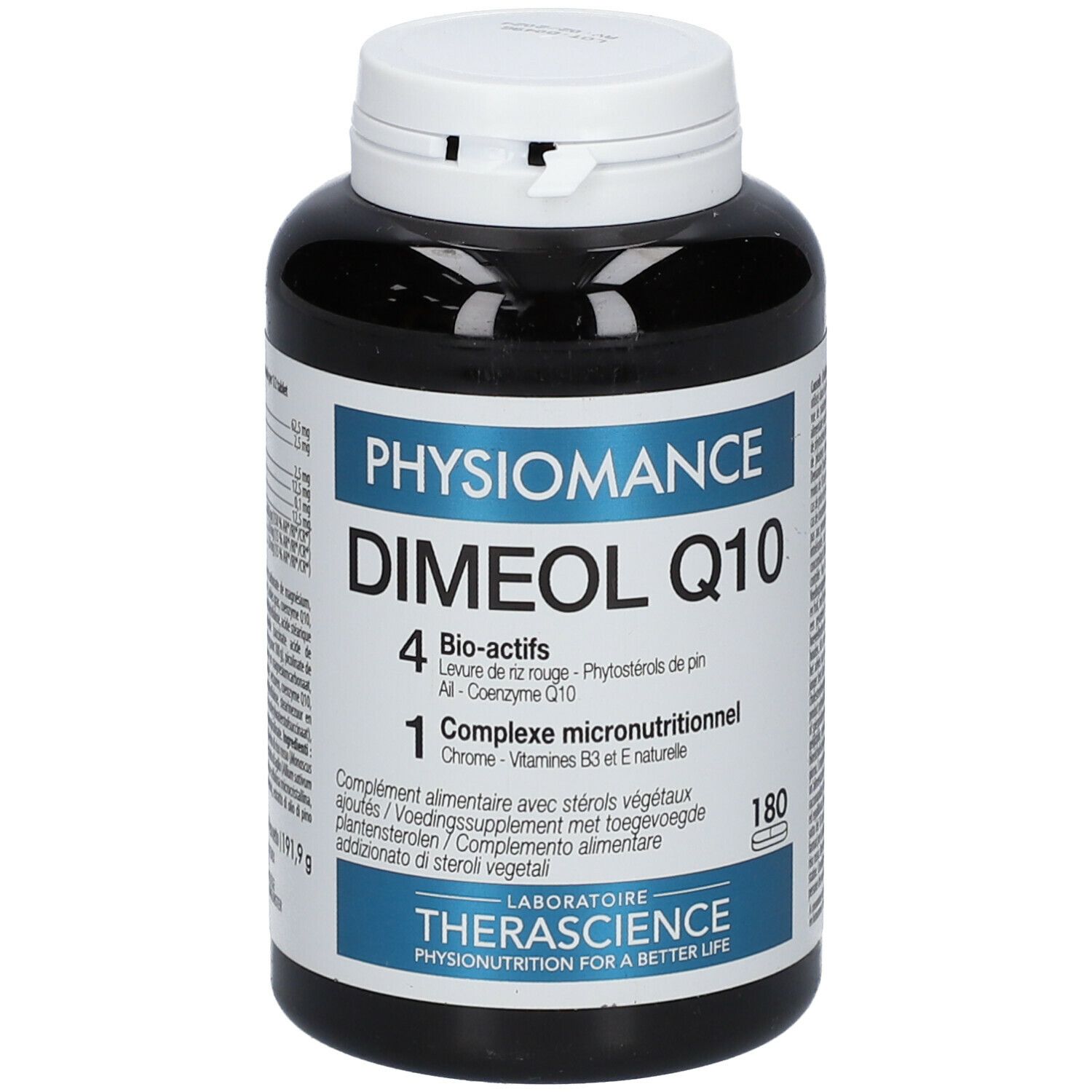 Flacon noir avec bouchon blanc. Inscription: Physiomance Diméol Q10. 180 comprimés. Laboratoire Therascience.