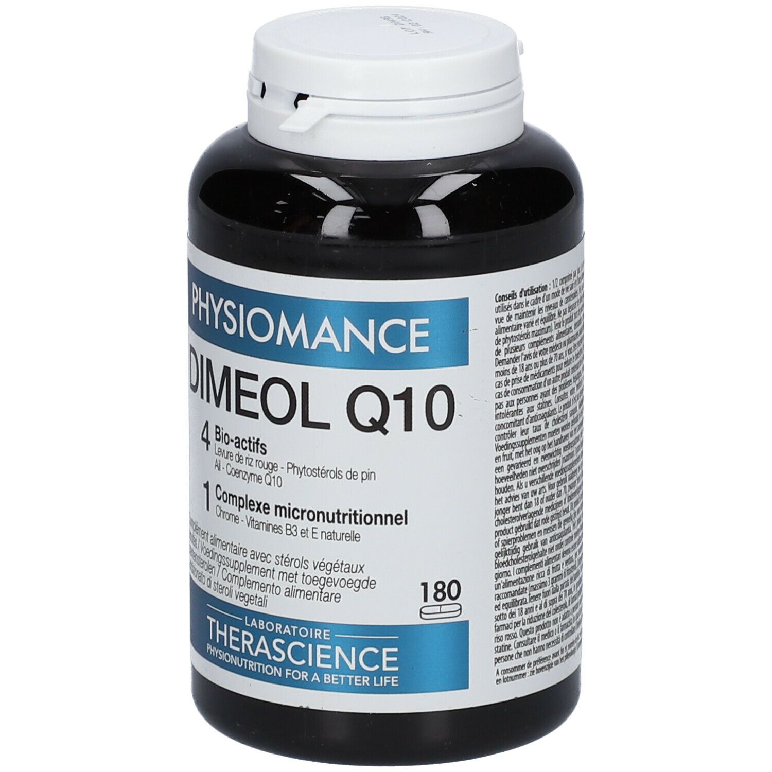 Flacon noir avec bouchon blanc. Inscription: Physiomance Diméol Q10. 180 comprimés. Laboratoire Therascience.