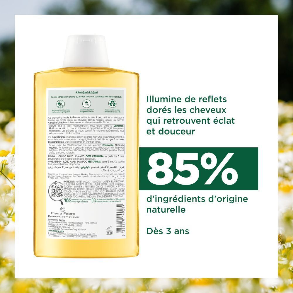 Dos du flacon de shampooing KLORANE à la camomille. Texte et logos.