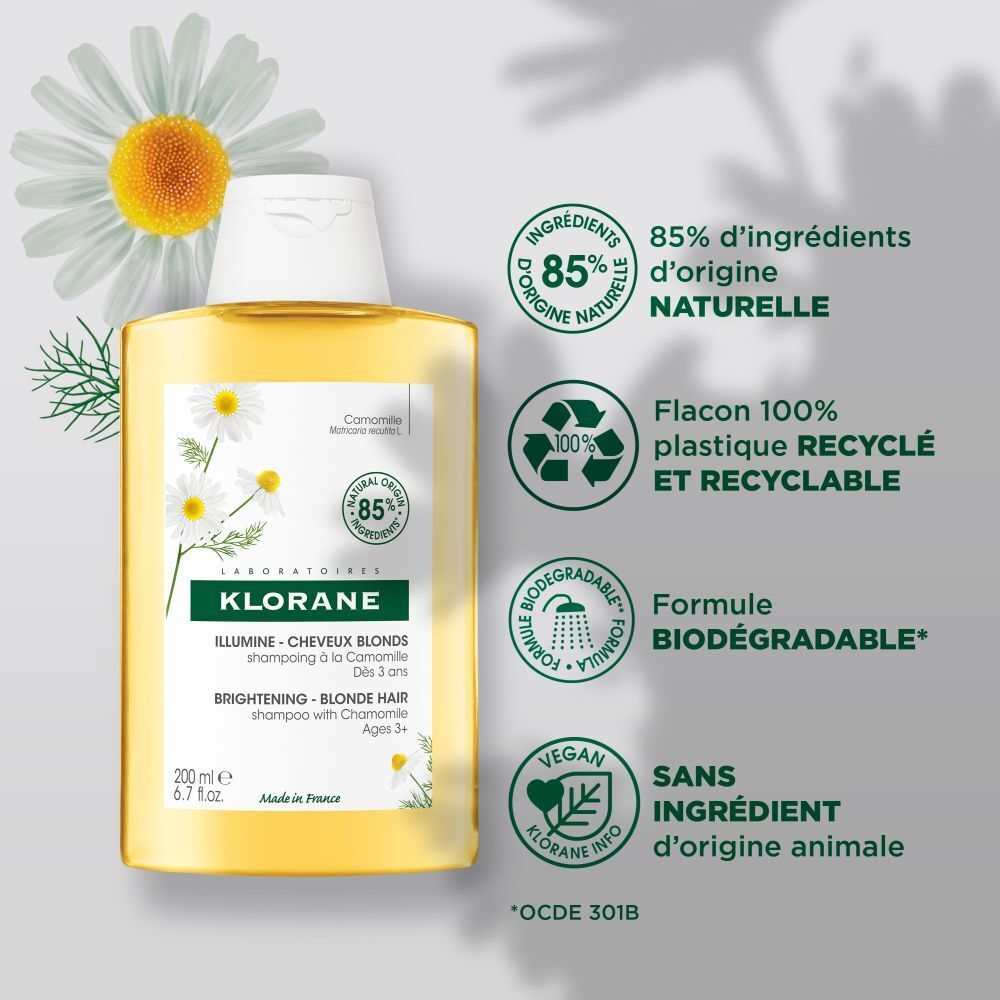 Dos du flacon de shampooing KLORANE à la camomille. Texte et logos.